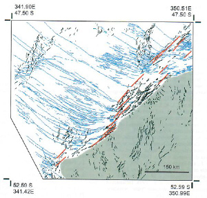 Interpreted splay fractures (blue lines) associated with strike-slip faults (red lines) on the surface of Venus using the Magellan data. The maximum length of the splays is on the range of several hundred kilometers. Black lines on the map represent ridges which are not the focus of this presentation.  From Koenig and Aydin (1998).